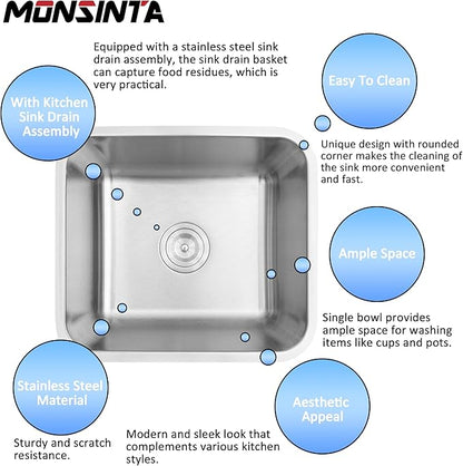 Bar Sink, 18" x 16" x 8" Undermount Kitchen Sink,T-304S Stainless Steel RV Kitchen Sinks, Small Kitchen Sinks With Sink Drain Strainer, Use at Rv, Bar,Outdoor, Laundry and Utility,Bathroom