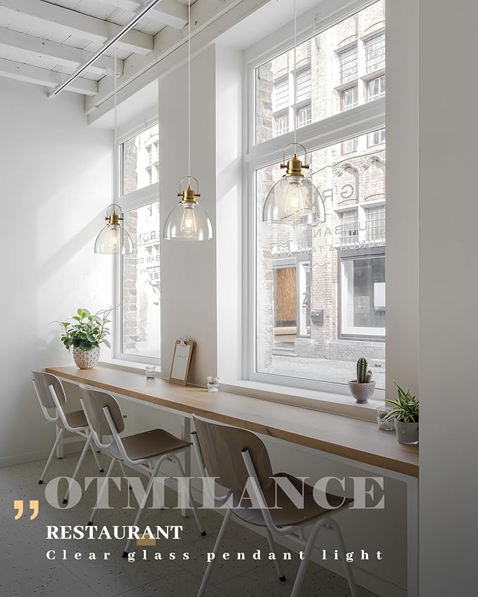 Glass Pendant Lights Kitchen Island, 7.5 inch Gold Glass Pendant Lights 1-Pack, Modern Pendant Light with Clear Glass Shade, Farmhouse Kitchen Pendant Light for Dining Rooms, Kitchen Island