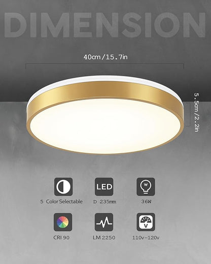 Ken & Ricky Flush Mount Ceiling Light, Dimmable Led Close to Ceiling Light Fixtures for Kitchen Bathroom Bedroom Hallway 5cct (Brushed Gold, 16 Inch)