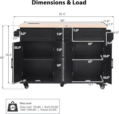 Kitchen Island with Drop Leaf,Power Outlet, Embossed Vertical Stripe Rolling on Wheels with 4 Doors,5 Deep Drawers and Adjustable Shelves,Dining Room (Black@94)