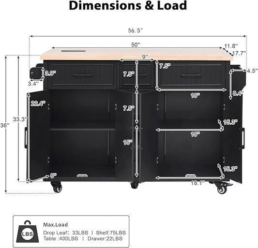 Kitchen Island with Drop Leaf,Power Outlet, Embossed Vertical Stripe Rolling on Wheels with 4 Doors,5 Deep Drawers and Adjustable Shelves,Dining Room (Black@94)