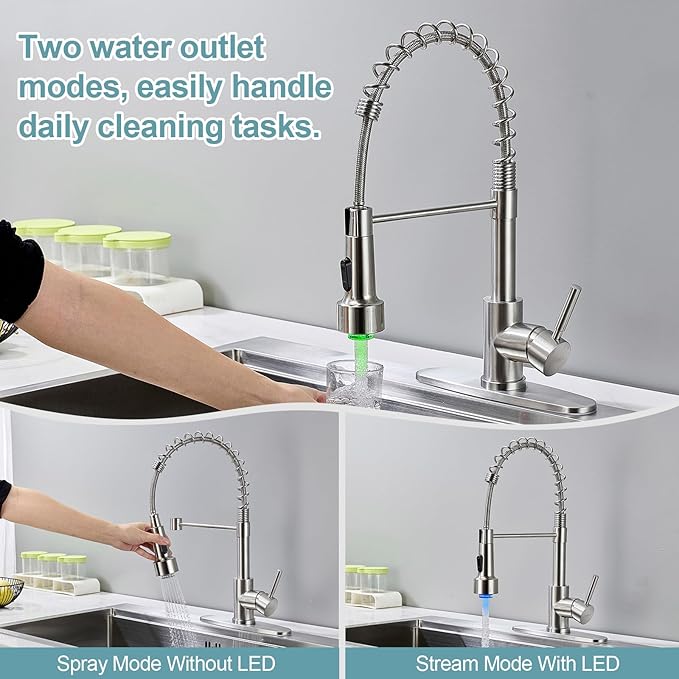 LED Kitchen Faucets with Pull Down Sprayer, Brushed Nickel Modern Single Handle Stainless Steel Pull Out Spring Sink Faucet with LED Light for RV Bar Farmhous Laundry Outdoor
