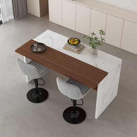 63" Kitchen Island Set with 2 Gray Bar Stools White Marble Look, LED Lighting Grill for Dining Room, Open Concept Spaces, Lounge(2 Gray Bar Stools)