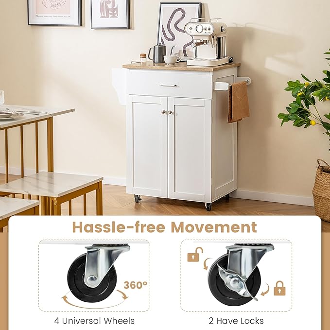 Giantex Kitchen Island with Storage, Rolling Island Table with Cabinet, Adjustable Shelf, Drawer, Towel Rack & Spice Rack, Small Bar Kitchen Cart On Wheels for Living Dining Room, White