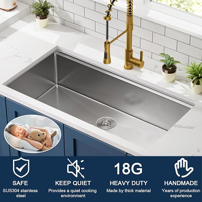 CELAENO Single Bowl Stainless Steel Undermount Sink, 36-inch, 18 Gauge, Workstation R10 Radius, Modern Kitchen Sink with Ledge