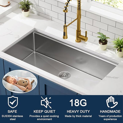 CELAENO Single Bowl Stainless Steel Undermount Sink, 36-inch, 18 Gauge, Workstation R10 Radius, Modern Kitchen Sink with Ledge