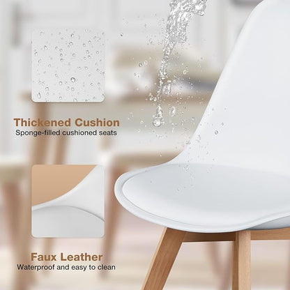 OLIXIS Modern Dining Chairs Set of 4, Mid Century Accent Chairs with Wood Legs, PU Leather Upholstered Kitchen Chairs for Living Room, Bedroom, Outdoor Lounge, White