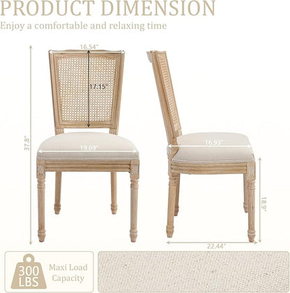Farmhouse Vintage Dining Chairs Set of 6, Linen Fabric Dining Chairs with Square Rattan Backrest, Kitchen & Dining Room Chairs for Restaurant/Living Room (Beige-Rattan, Set of 6)