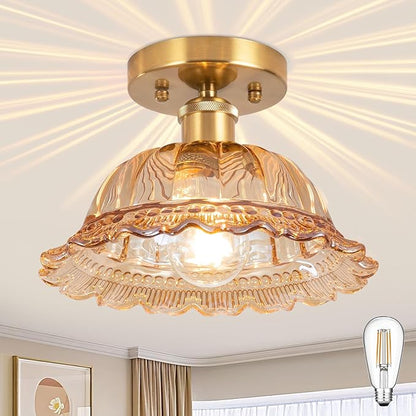 Semi Flush Mount Ceiling Light, Vintage Ceiling Light 11", Amber Shade Glass Hallway Light Fixture for Kitchen Porch Bedroom,Bulb Included