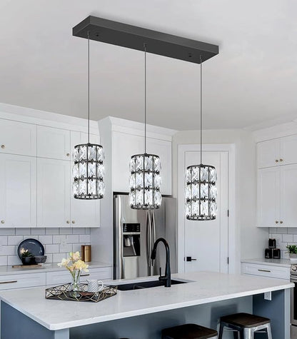 3-Lights Rectangle Modern Crystal Pendant Lights for Kitchen Island LED Dimmable Glam Pendant Lighting Chandelier for Dining Room Hallway Corner Lamp Black