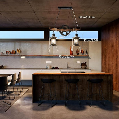 2-Head Retro Industrial Chandelier, 110-120v Rustic Wood Hanging Industrial Pendant Lighting Industrial Wood Metal Vintage Ceiling Light Fixture for Living Rooms Bedrooms Kitchen Islands