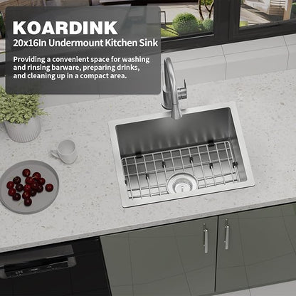 Kitchen And Bar Sink, 20x16 Inch Stainless Steel Undermount Modern Single Bowl Small Kitchen And Bar Sink Combo-SS Grid,Silicon Mat,Drain Strainer Set Compatibility With Various Kitchen&Bar Style
