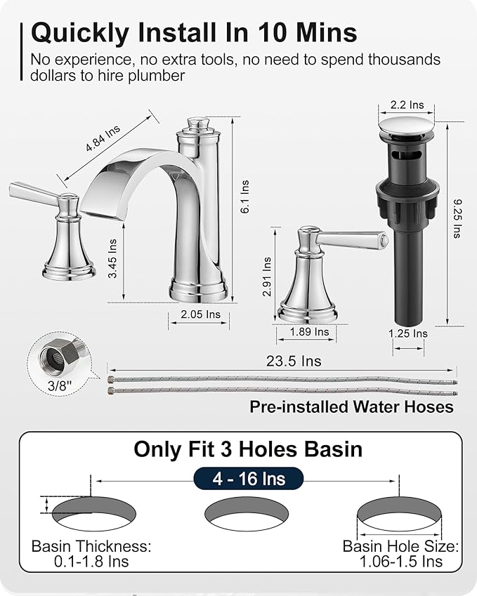 Waterfall Chrome Bathroom Faucet 3 Hole, Brass 4-16 Inch Widespread Bathroom Sink Faucet with Pop Up Drain, cUPC Supply Lines and 2 Handles for Vanity, Restroom, 10 Min Install