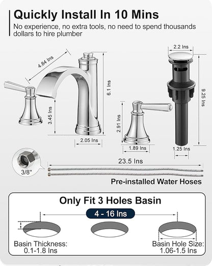 Waterfall Chrome Bathroom Faucet 3 Hole, Brass 4-16 Inch Widespread Bathroom Sink Faucet with Pop Up Drain, cUPC Supply Lines and 2 Handles for Vanity, Restroom, 10 Min Install