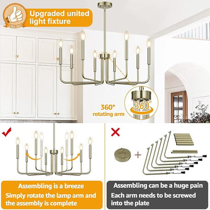 Lynnoland 8-Light Farmhouse Chandelier for Dining Room Lighting Fixtures Hanging, Brass Dining Light Fixtures Industrial Chandelier for Bedroom, Foyer, Hall, Kitchen, Living Room and Entryway