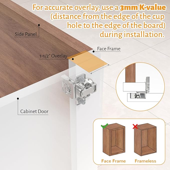 Chibery 60 Pack 1-1/2" Overlay 3D Soft Close Concealed Hinge for Face Frame Door, Self Closing Hinges, 105° Smooth Slow Close Quite, Hidden Stainless Steel Hinge for Kitchen Cabinet Door, Satin Nickel