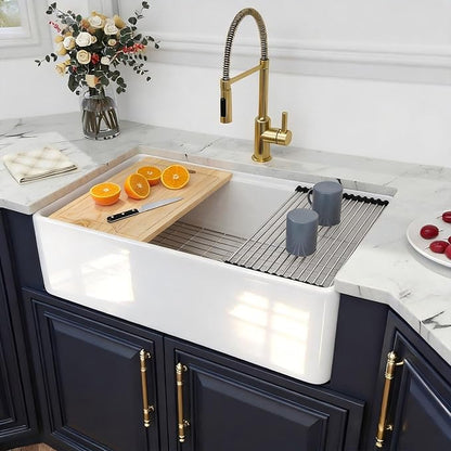 Kichae 33 Inch White Farmhouse Kitchen Sink Workstation Apron Front Farm Sink with Slide Ledge Fireclay Ceramic Porcelain Single Bowl Basin with Accessories