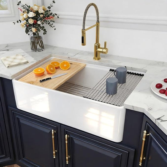 Kichae 33 Inch White Farmhouse Kitchen Sink Workstation Apron Front Farm Sink with Slide Ledge Fireclay Ceramic Porcelain Single Bowl Basin with Accessories