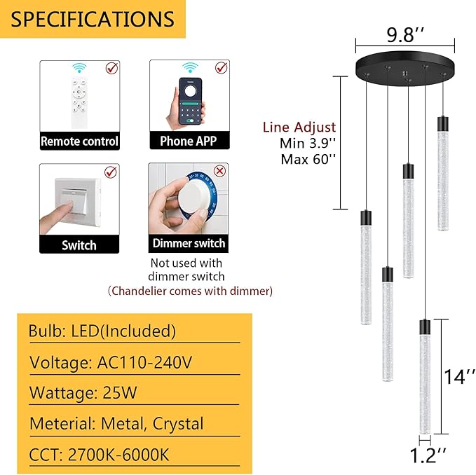 Modern Crystal Chandelier for Dining Room LED Dimmable Pendant Lights Kitchen Island Lighting Ceiling Hanging