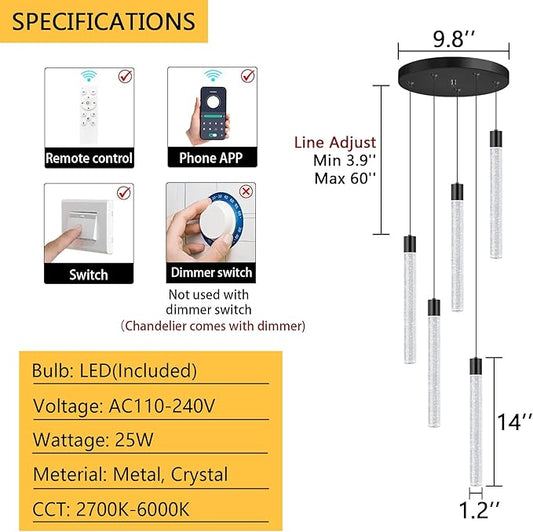 Modern Crystal Chandelier for Dining Room LED Dimmable Pendant Lights Kitchen Island Lighting Ceiling Hanging