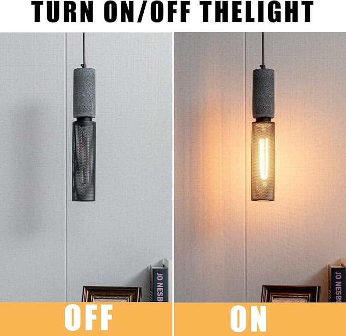 Concrete Linear Pendant Light with a Metal Mesh Shade,Modern Industrial Hanging Cement Pendant Lighting Fixture for Kitchen Island Dinning Room Bedroom(Black 2-Pack)