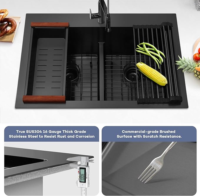 MILOSEN 33''x22''Black Double Bowl Kitchen Sink, 50/50 T304 Stainless Steel Drop in Kitchen Sinks, Topmount Large and Deep Workstation Sink, Handmade Low-Divide Double Basin with Custom Accessories