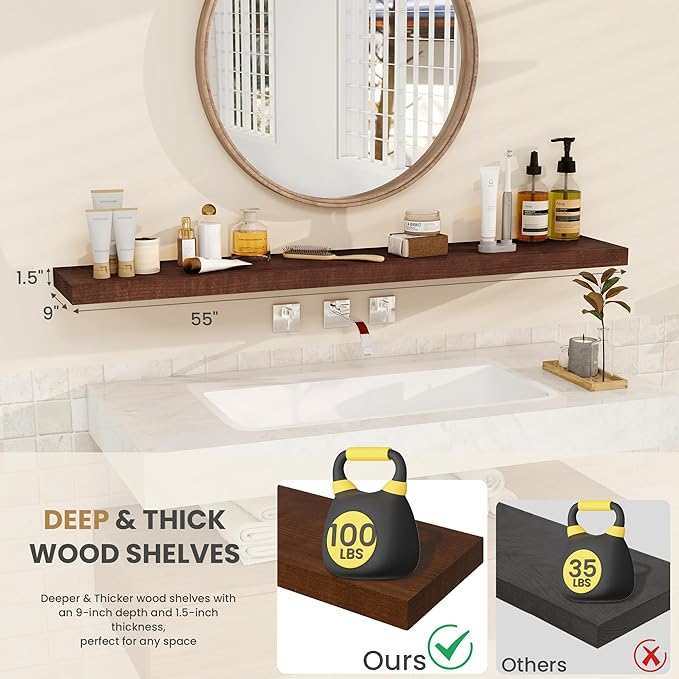 RICHFOCUS Floating Shelves for Wall 55 Inch Solid USA-Sourced Oak Wooden Shelves for Bathroom Kitchen 9" Deep Modern Wood Shelf with Heavy-Duty Bracket for Wall Mounted, Walnut Finish