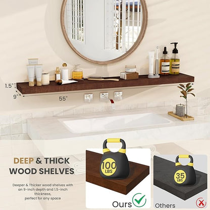 RICHFOCUS Floating Shelves for Wall 55 Inch Solid USA-Sourced Oak Wooden Shelves for Bathroom Kitchen 9" Deep Modern Wood Shelf with Heavy-Duty Bracket for Wall Mounted, Walnut Finish