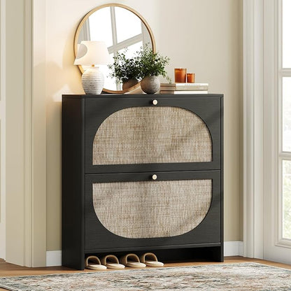 Nicetree Rattan Arched Accent Shoe Cabinet - Freestanding Ultra Slim for Entryway, 2 Flip Drawers & 3-Tier Adjustable Shelves, Farmhouse Modern Rustic Shoe Rack for Hallway Foyer, Black