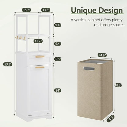 VECELO Bathroom Cabinet with Removable Basket, Tall Tilt Out Laundry Hamper with 2-Tier Open Shelves, 1 Drawer and 3 Side Hooks for Storage, White