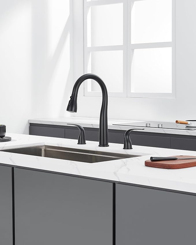 TIORIY Black Kitchen Faucet 3 Hole with Pull Down Sprayer, 2-Handle High Arc Kitchen Sink Faucet with 3 Function Spray, Stainless Steel, T-3005B
