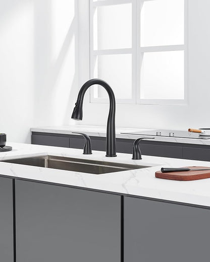 TIORIY Black Kitchen Faucet 3 Hole with Pull Down Sprayer, 2-Handle High Arc Kitchen Sink Faucet with 3 Function Spray, Stainless Steel, T-3005B