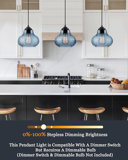 ELYONA 2 Pack Bubble Glass Pendant Lights 8 inch Modern Blue Hand Blown Globe Glass Pendant Lighting Hanging Light fixtures for Kitchen Island Dining Room Bar Bedroom Living Room