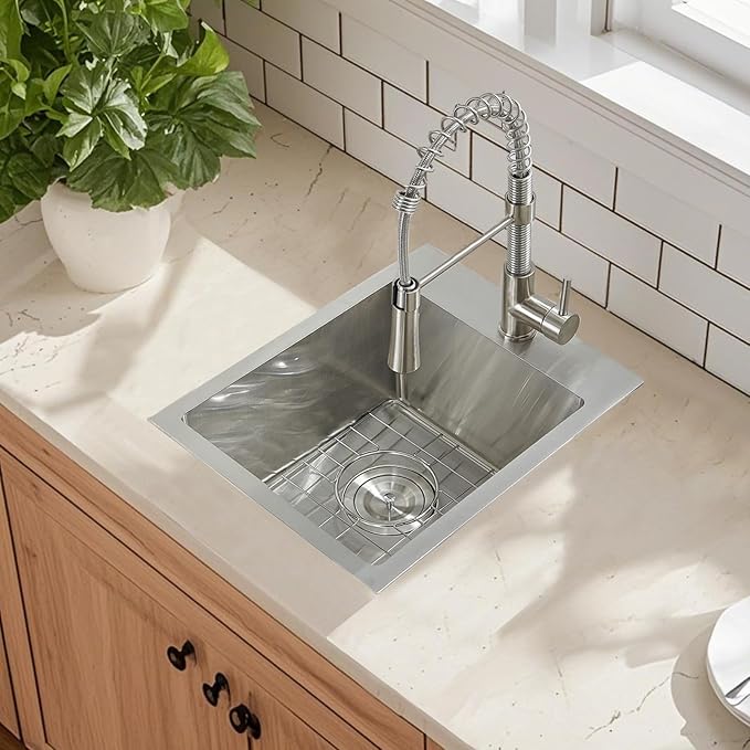 15 Drop In Bar Sink, 16 Guage Stainless Steel 13x15x9 Wet Bar Prep RV Outdoor Small Kitchen Sink Topmount Single Bowl with Drain