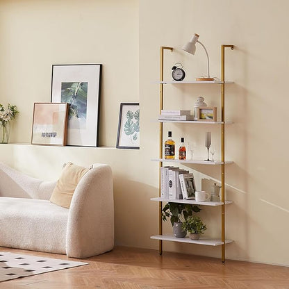 VEVOR Ladder Shelf, 5-Tier Bookshelf 24x11.8in, Open Wall-Mounted Ladder Shelf with Metal Frame,Storage Rack Sundries Holder for Kitchen Bedroom Bathroom Living Room, Gold White
