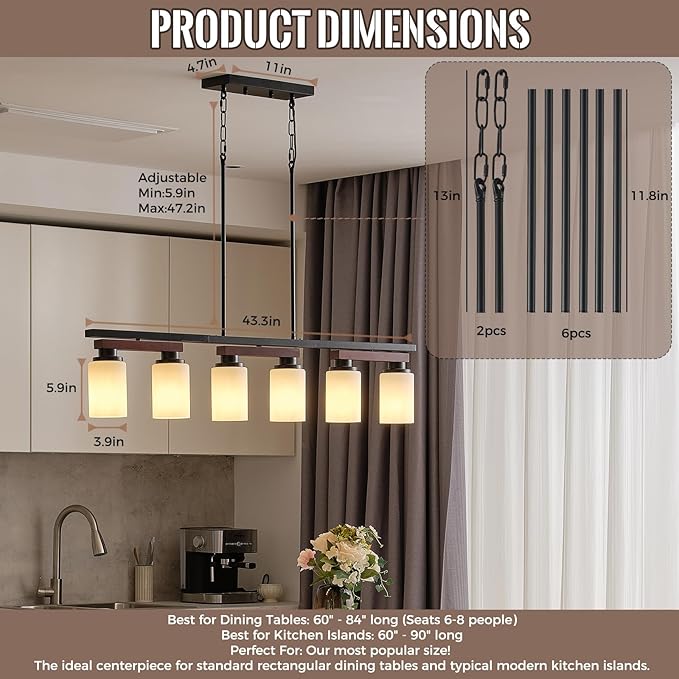 6-Light Kitchen Island Lighting & Farmhouse Dining Room Light Fixtures Over Table, Rustic Wood Linear Chandelier Adjustable Ceiling Hanging Pendant - Rotating Design, Customizable Shapes, Milk Glass
