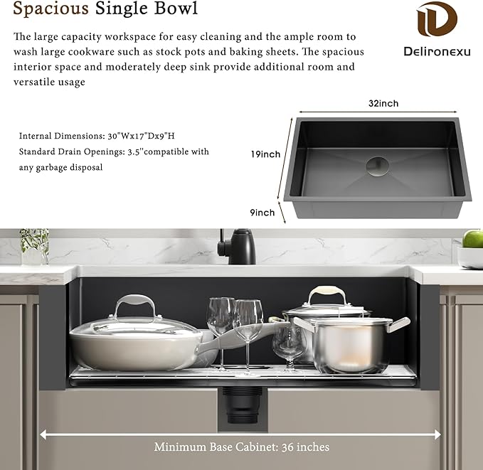 32 Inch Black Kitchen Sink Undermount - Delironexu Undermount Kitchen Sink Black, 16 Gauge Stainless Steel Sinks Single Bowl, 32''x19'' black Stainless Steel sink with 4 Accessories