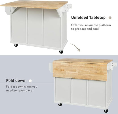 Ball & Cast Kitchen Cart with Rubber Wood Drop-Leaf Countertop,Cabinet Door Internal Storage Racks,Kitchen Island on 5 Wheels W/Storage Cabinet and 3 Drawers for Dinning Room,White,53"