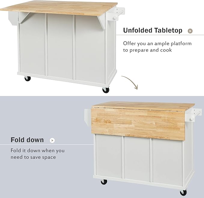 GDFStudio Hakf Kitchen Cart with Rubberwood Tabletop, Kitchen Island on 5 Wheels with Storage Cabinet, 3 Drawers for Dinning Room, Cabinet Door Internal Storage Racks, Spice Rack Bar Table, White