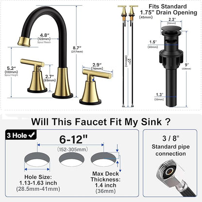 Bathroom Faucets for Sink 3 Hole, Hurran Black& Gold Bathroom Sink Faucet with Pop-up Drain and Supply Lines, Stainless Steel Lead-Free Widespread Faucet for Vanity RV Farmhouse Sink