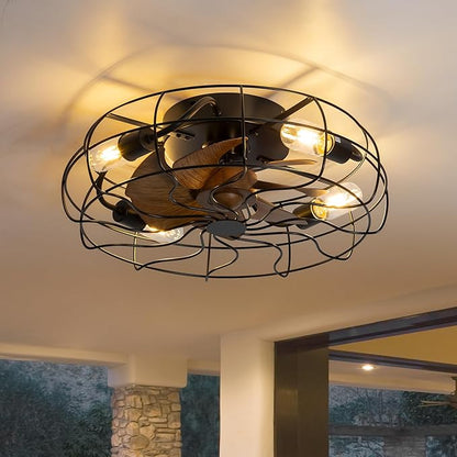 ZYD Caged Ceiling Fan with Light, 19" Caged Industrial Ceiling Fans with Lights and Remote Flush Mount, Small Farmhouse Ceiling Fan with Light Low Profile 6 Speed Reversible with Timing - Black