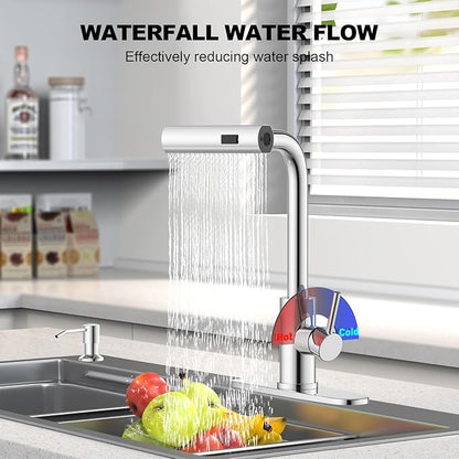 AVSIILE Waterfall Kitchen Faucets with Pull Down Sprayer & Soap Dispenser in Chrome, Single Hole, Single Handle, Pull Out Tap, Stainless Steel Sink Faucet, Suitable for Farmhouse Camper Laundry Rv Bar