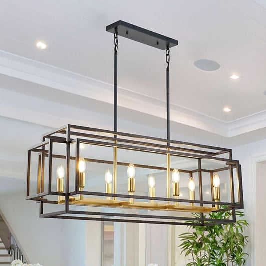WJShome Modern Chandeliers for Dining Room, Rustic Kitchen Island Light Fixture, 8-Light Linear Pendant Lighting Rectangular Chandelier for Dining Room Kitchen Island