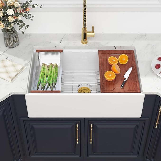 Kichae 33 White Farmhouse Sink Workstation - 33 x 20 Flat Apron Front Farmhouse Kitchen Sink Farm Farmer Porcelain Fireclay Ceramic Ledge Workstation Single Bowl Basin