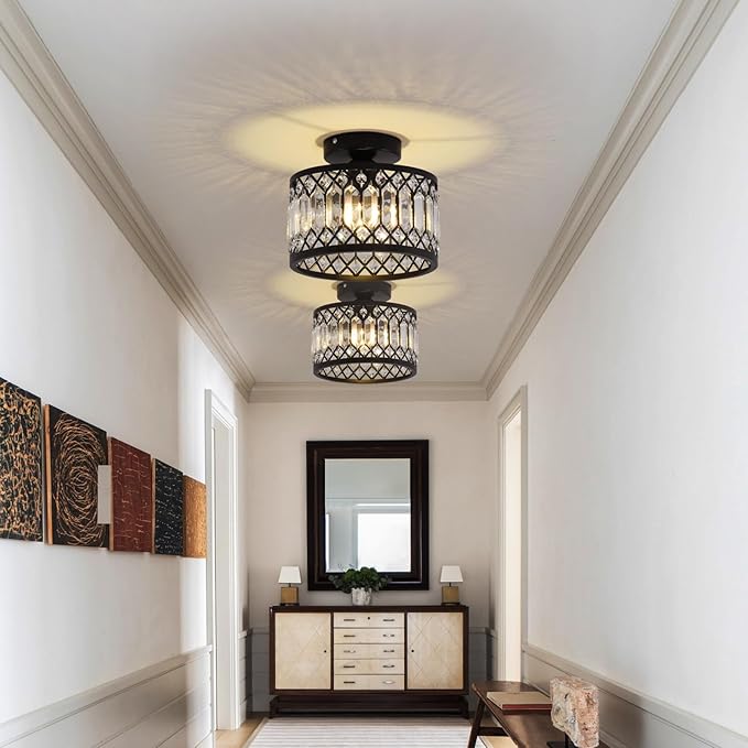 GreeLustr Crystal Black Ceiling Light Fixture, Modern Semi Flush Mount Ceiling Light, Round Hallway Chandelier Lighting for Foyer Bedroom Entryway Laundry Room, 1-Light, E26 (Bulb not Included)