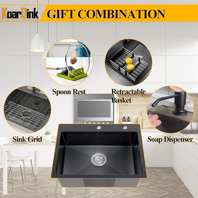 Black 25x18 Inch Kitchen And Bar Sink-Stainless Steel Drop In Single Bowl Topmount Kitchen&Bar Sink With SS Grid,Soap Dispenser,Colander,Spoon Rest,Drain Strainer Set for Modern Kitchen Sink