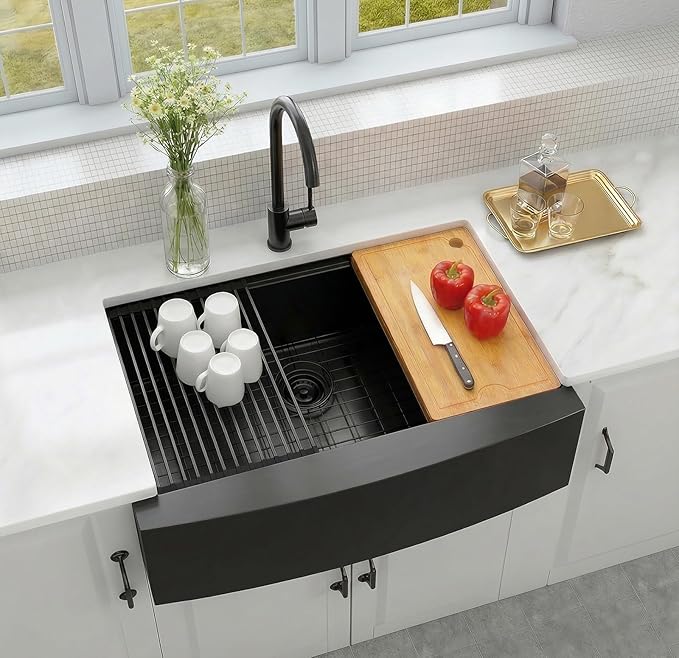 Black Farmhouse Kitchen Sink,16 Gauge 304S Stainless Steel Workstation Farm Sinks with Accessories, 33" x 20" x 10" Large and Deep Single Bowl Apron Front Kitchen Sinks