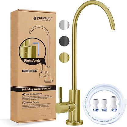 Drinking Water Faucet - Long Thread Stem Filtered Water Tap for Thick Countertop,Lead-Free RO Faucet with Hose and Quick Connect Fittings(Matte Gold-Flat Top)