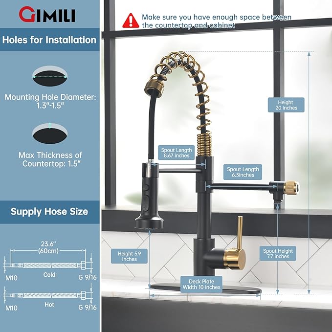 GIMILI Black and Gold Drinking Water Faucet 3 in1 Commercial Style Pull-Down Single Handle Filter Kitchen Faucet for Water Filtration System,Without Water Filtration Device
