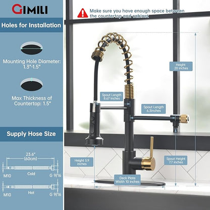 GIMILI Black and Gold Drinking Water Faucet 3 in1 Commercial Style Pull-Down Single Handle Filter Kitchen Faucet for Water Filtration System,Without Water Filtration Device